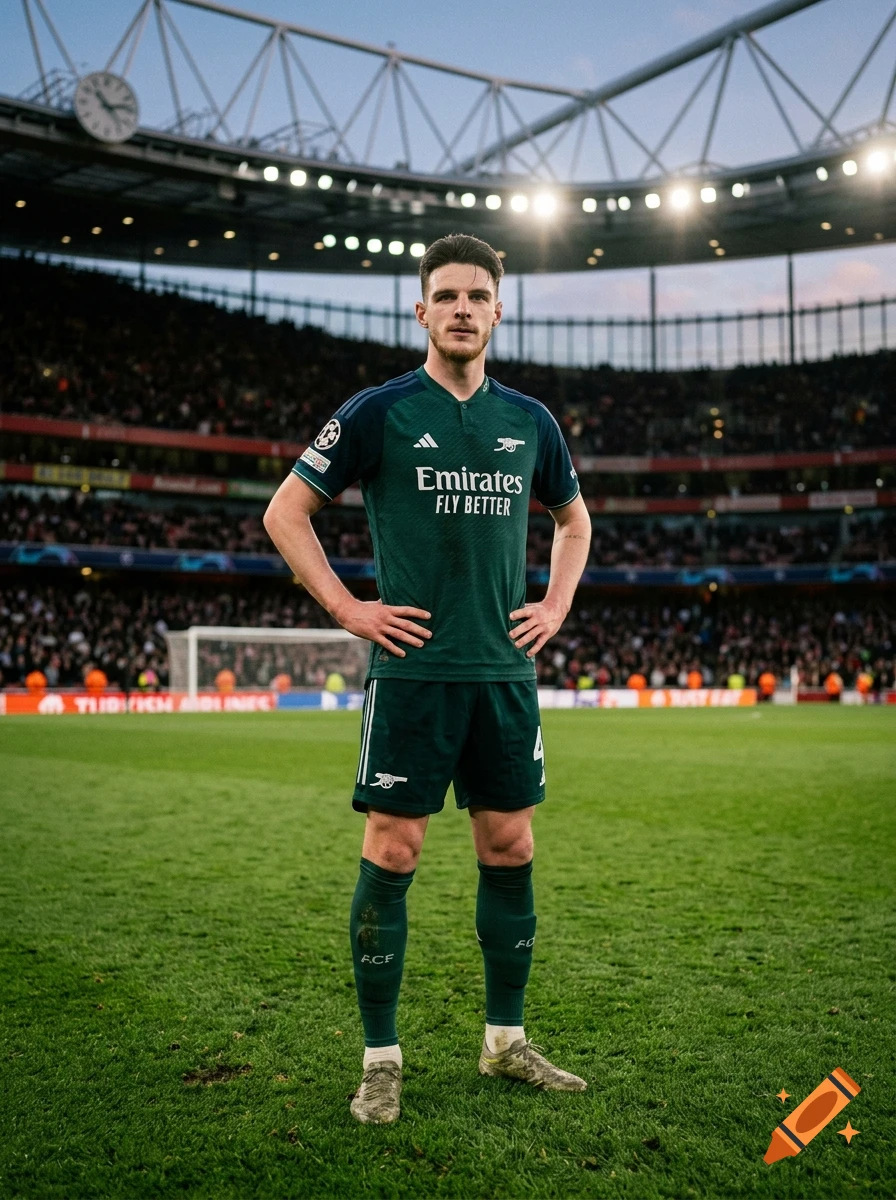 Photorealistic full-body portrait of a soccer player standing on a stadium pitch with stadium lights above.