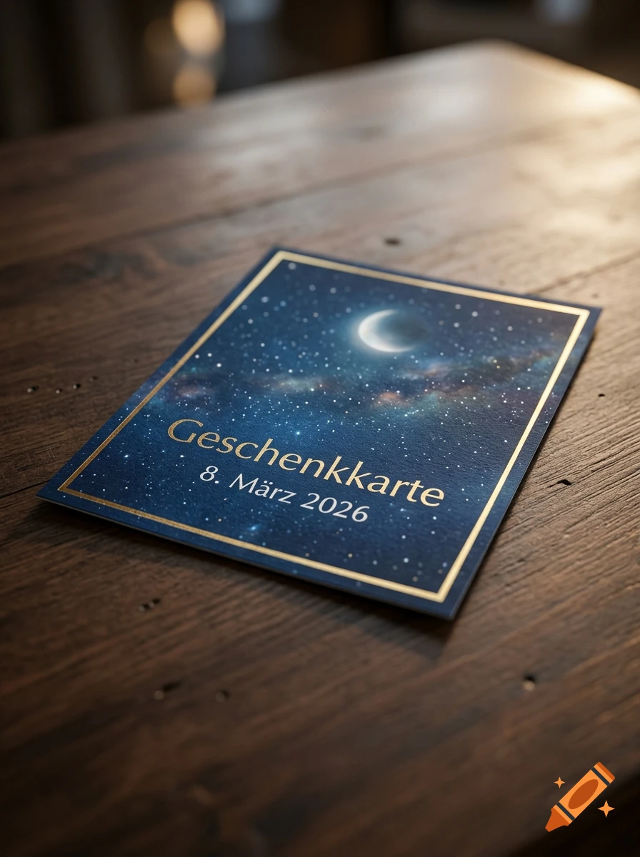 A gift card with a starry night sky and moon graphic on a wooden table.
