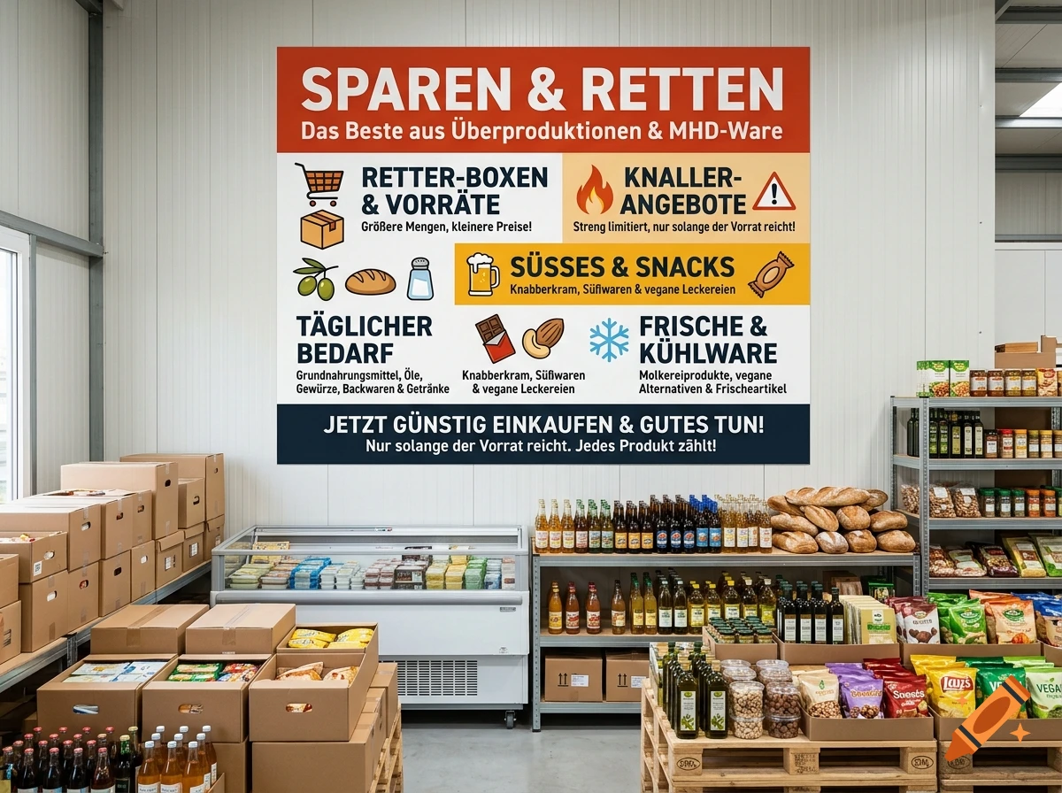 A brightly lit warehouse supermarket interior with a large promotional sign on the wall and shelves stocked with food and drinks.