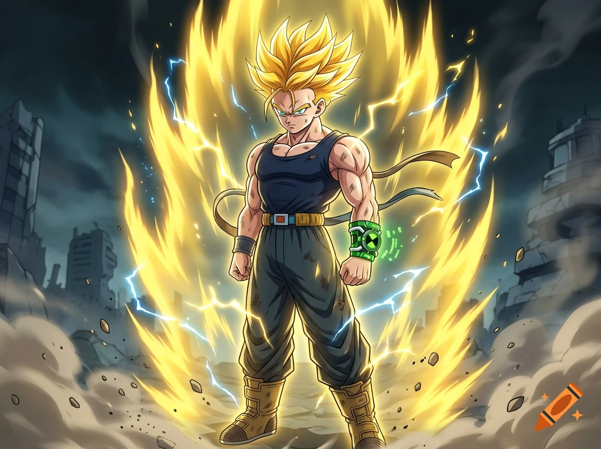 Anime style illustration of Super Saiyan Future Trunks wearing a dark tank top and the Omnitrix, surrounded by yellow energy aura.
