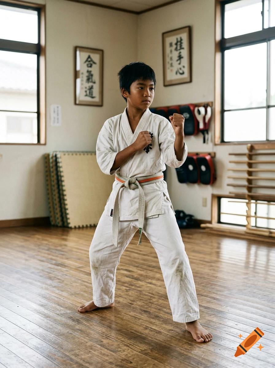 Photorealistic image of a young boy in a karate gi practicing martial arts in a dojo.