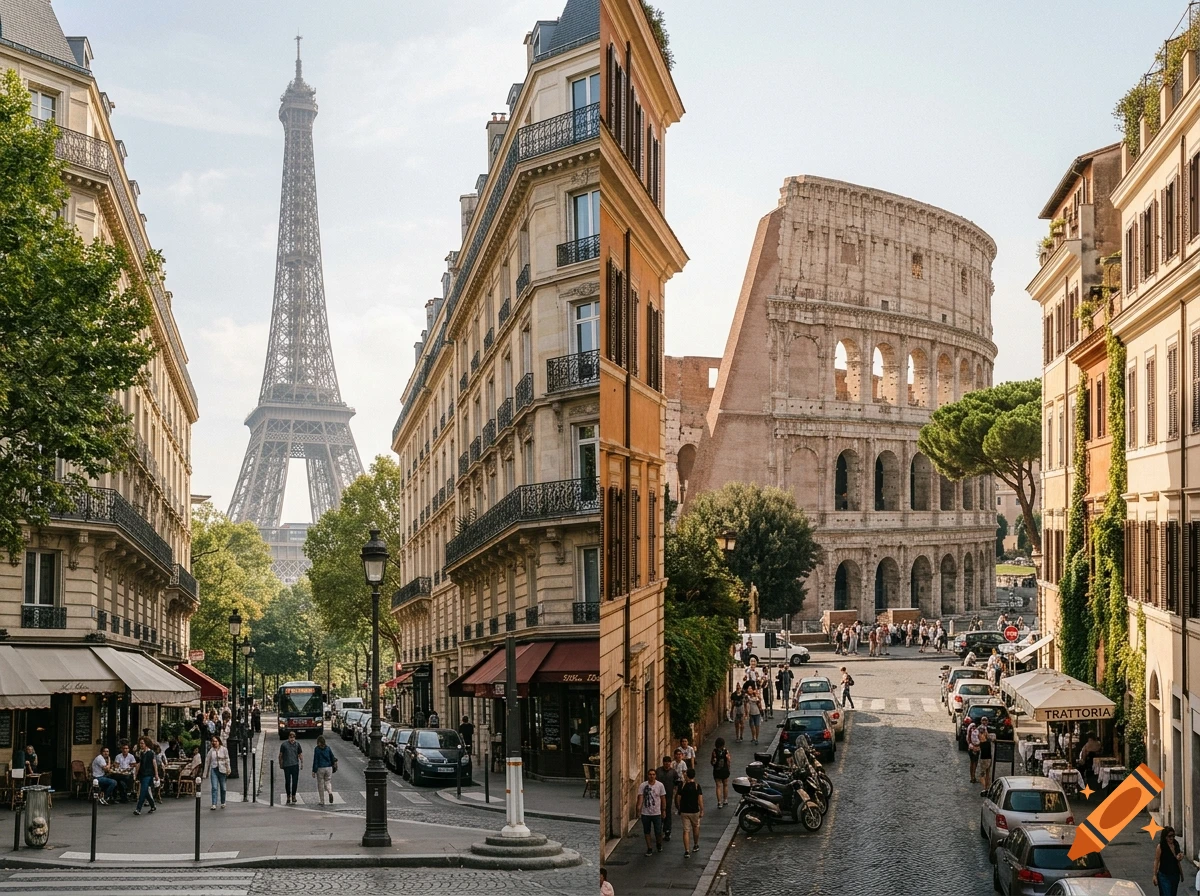 A split-screen image showing city streets in Paris with the Eiffel Tower on the left and Rome with the Colosseum on the right.
