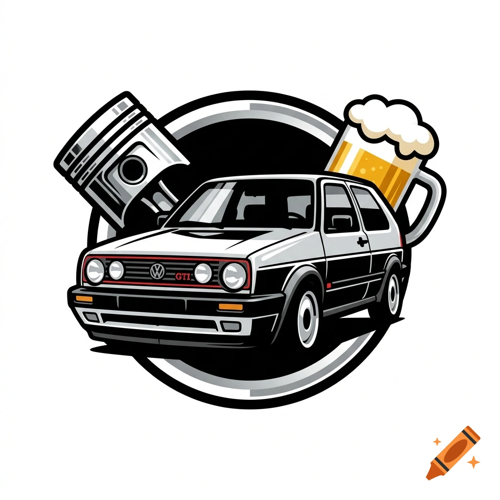 Vector style logo of a white Volkswagen Golf 2 GTI flanked by a piston and a beer mug, in front of a circular background.