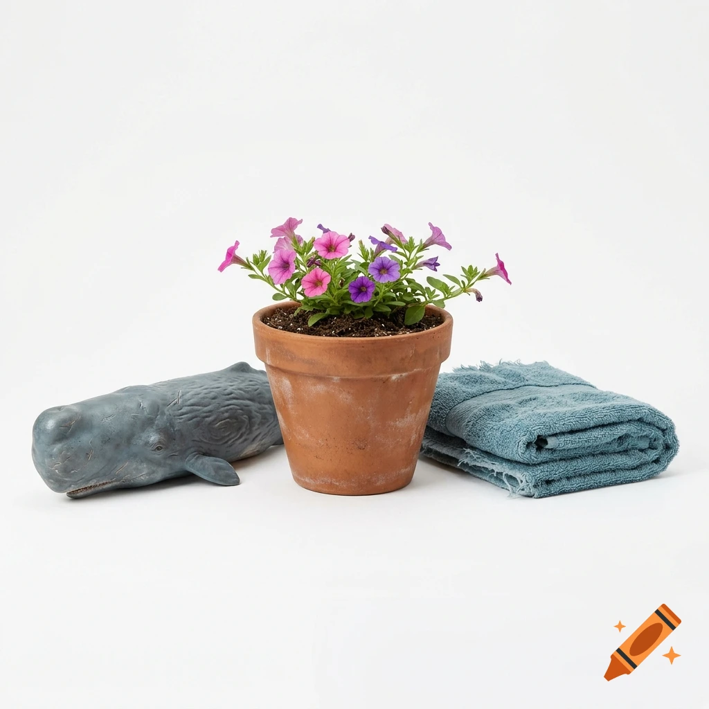 A terracotta pot with purple and pink petunias, a toy whale, and a folded blue towel on a white background.