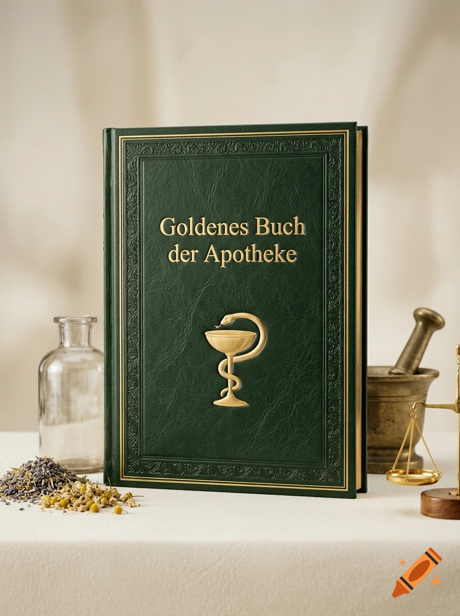 Realistic photo of a dark green leather-bound book titled 'Goldenes Buch der Apotheke' with gold accents, flanked by a glass bottle, mortar and pestle, and scale on a white surface.