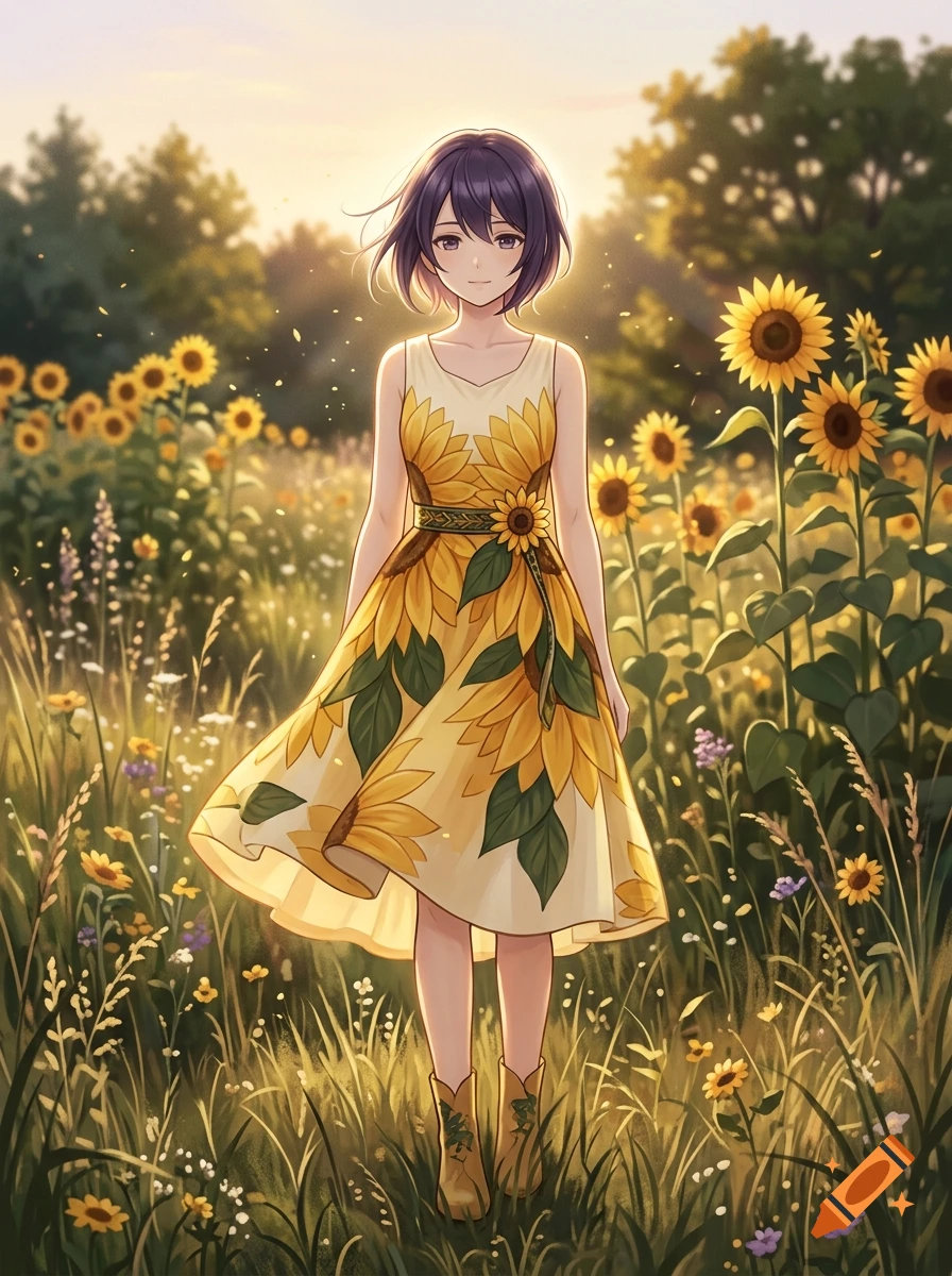 Anime style illustration of a girl with short purple hair wearing a yellow sunflower dress standing in a sunlit field of sunflowers.