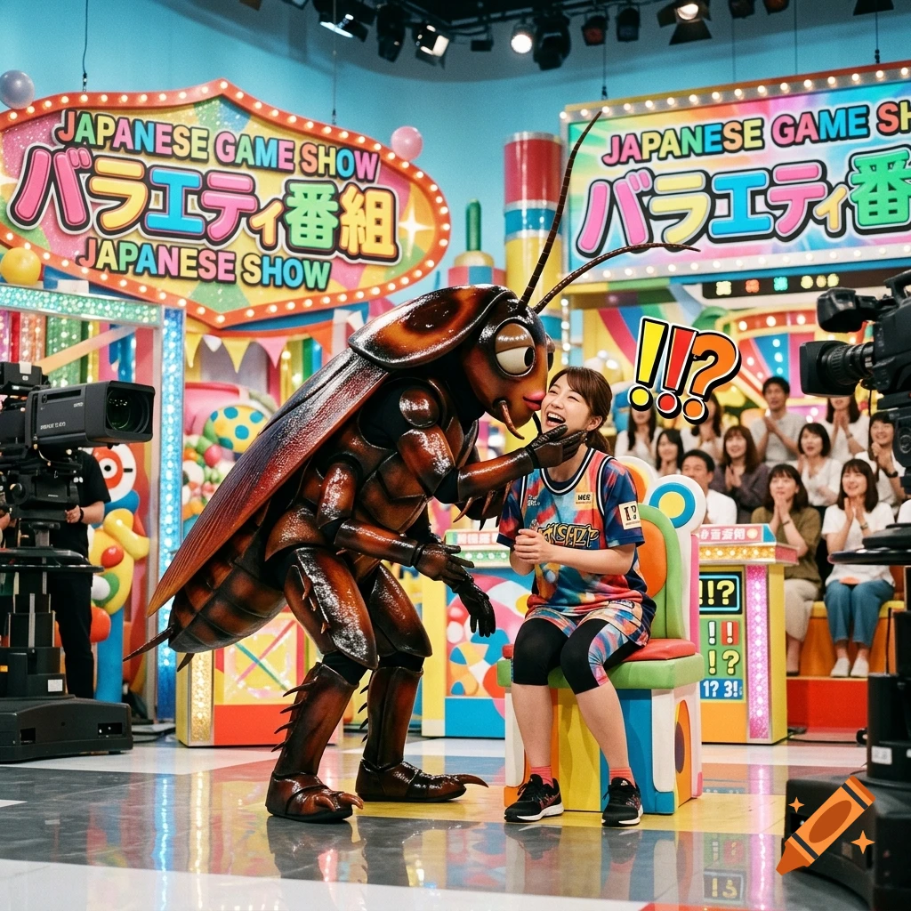 A person in a giant cockroach costume kissing a laughing woman on a Japanese game show set.