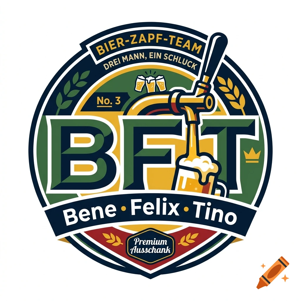 Circular vector logo for a beer team featuring a tap pouring beer, hop branches, and the text BFT, Bene, Felix, Tino.