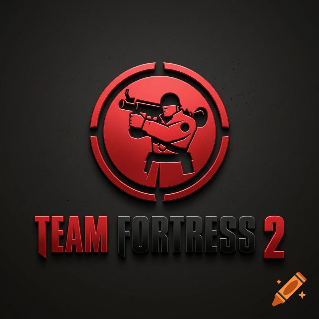 Team Fortress 2 red and black 3D logo featuring a soldier character with a rocket launcher inside a target circle.