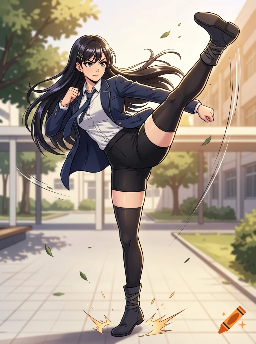 Anime style illustration of a dark-haired high school girl performing a high kick in a school courtyard.
