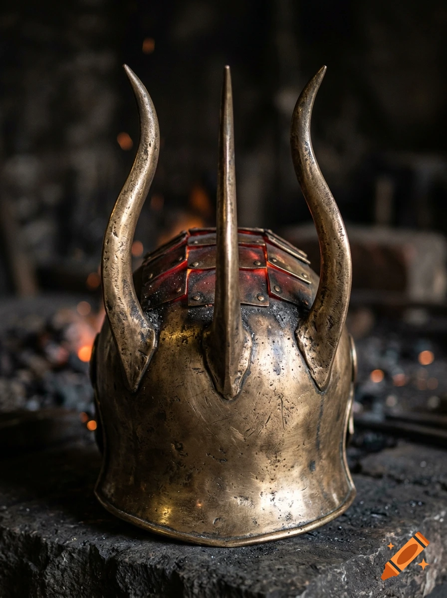Close-up photorealistic shot of an ancient bronze helm with three spikes and glowing red-amber plates, sitting on a stone workbench.