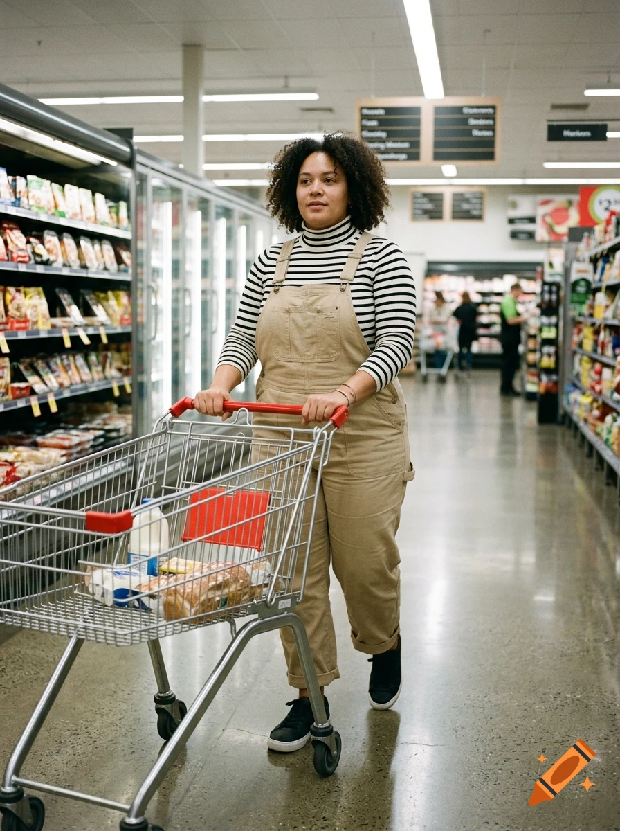 A smiling woman pushing a shopping cart down the aisle of a well-lit supermarket.