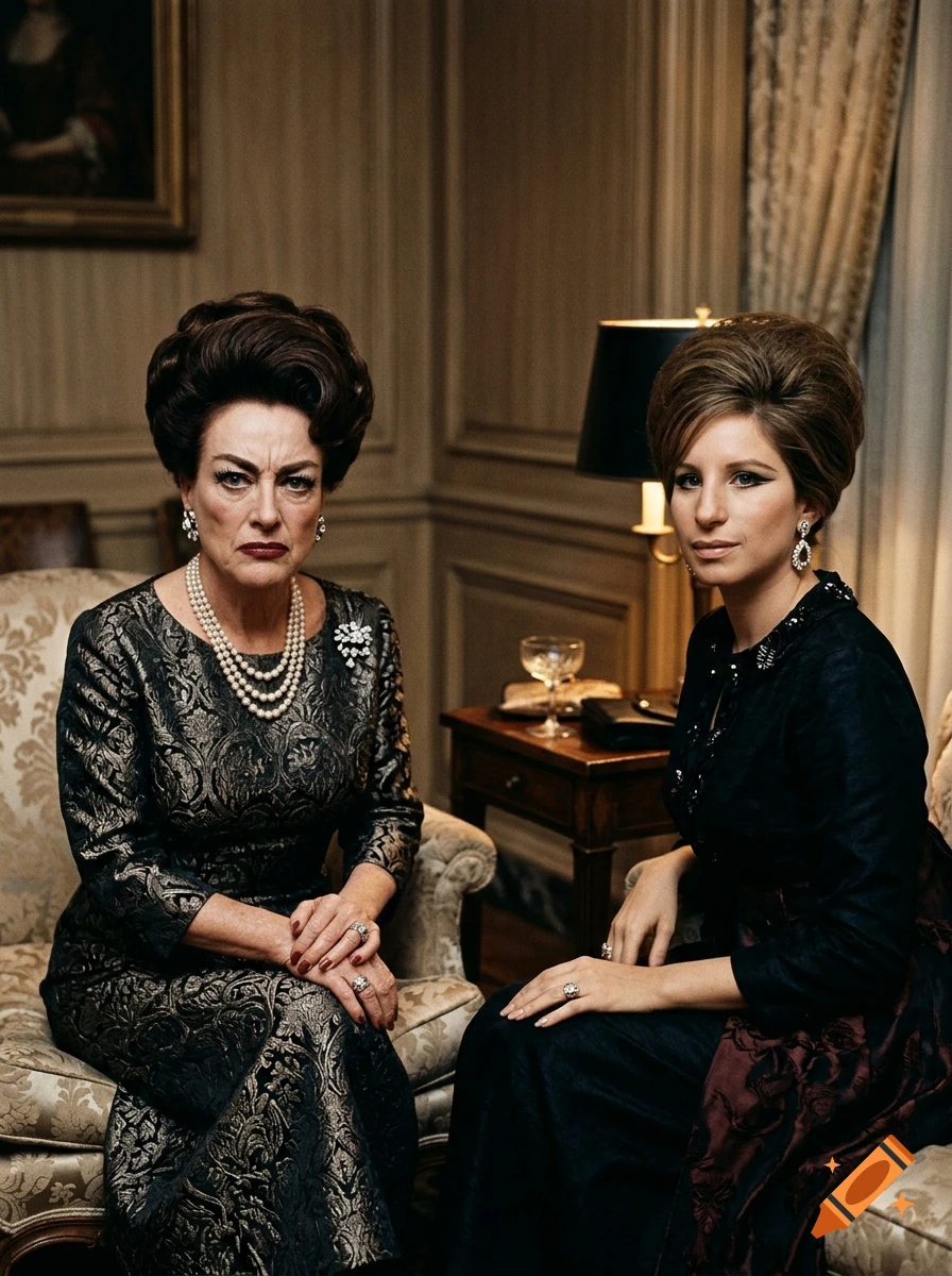 Photorealistic portrait of Joan Crawford looking angry, sitting next to Barbra Streisand in a formal room.
