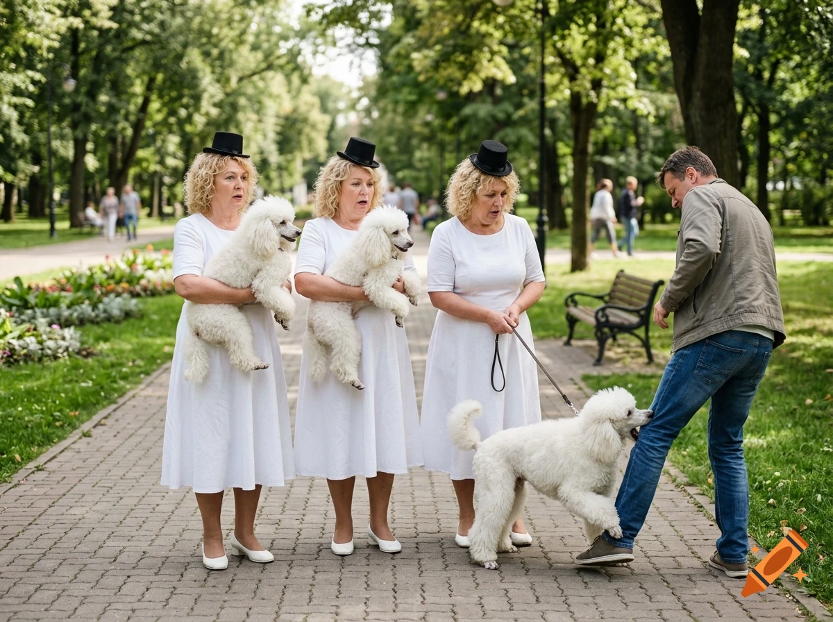 Three older women in white dresses and top hats holding poodles in a park, while a fourth poodle bites a man's leg.