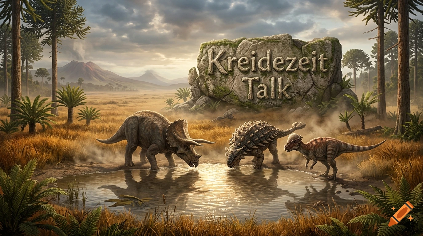 Photorealistic scene of dinosaurs including a Triceratops and Ankylosaurus drinking at a watering hole in a prehistoric steppe with a large stone sign reading 'Kreidezeit Talk'.