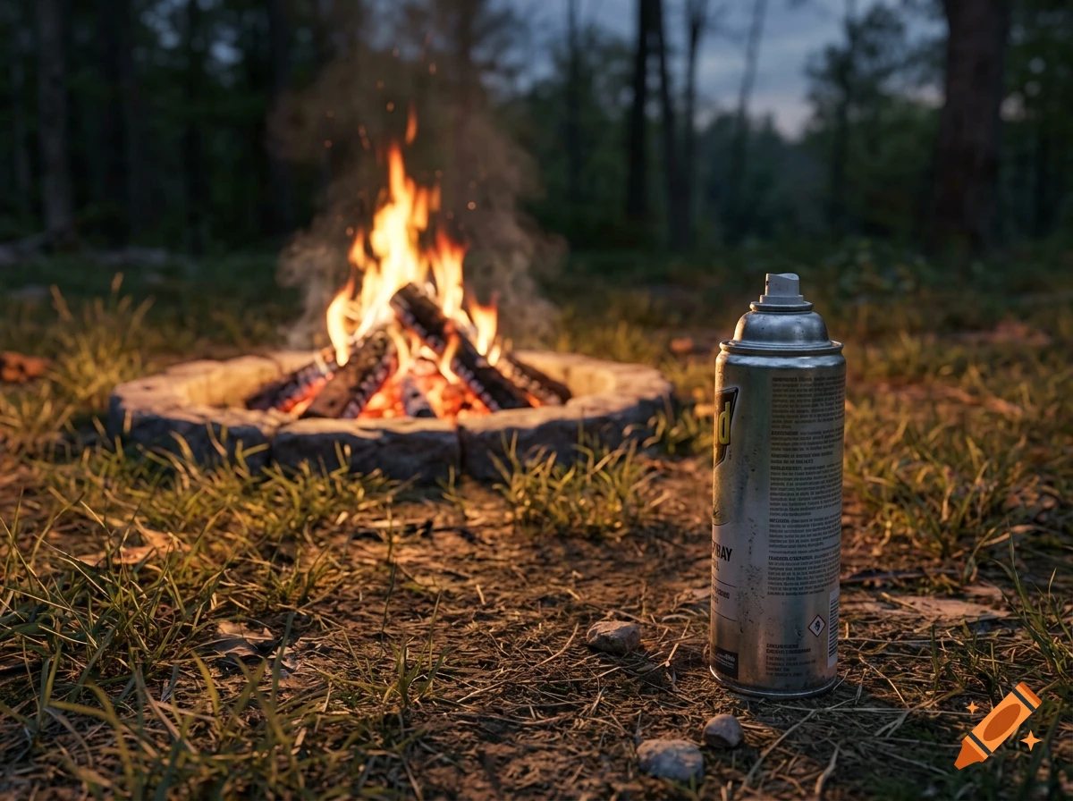 Photorealistic close-up of a bug spray can with a label in the foreground, with a campfire burning in a stone ring in a dark forest background.