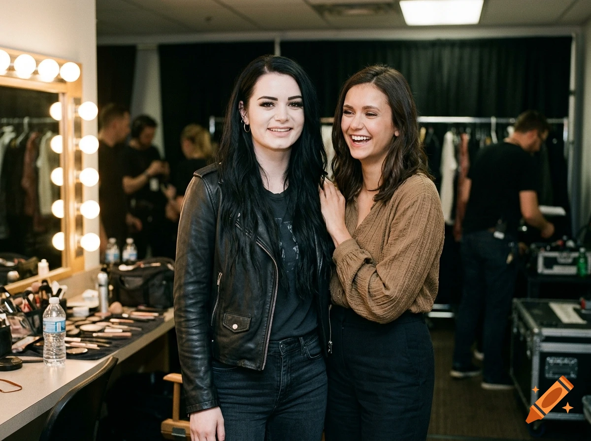 Photorealistic image of two women smiling and posing backstage in a dressing room with vanity mirrors.
