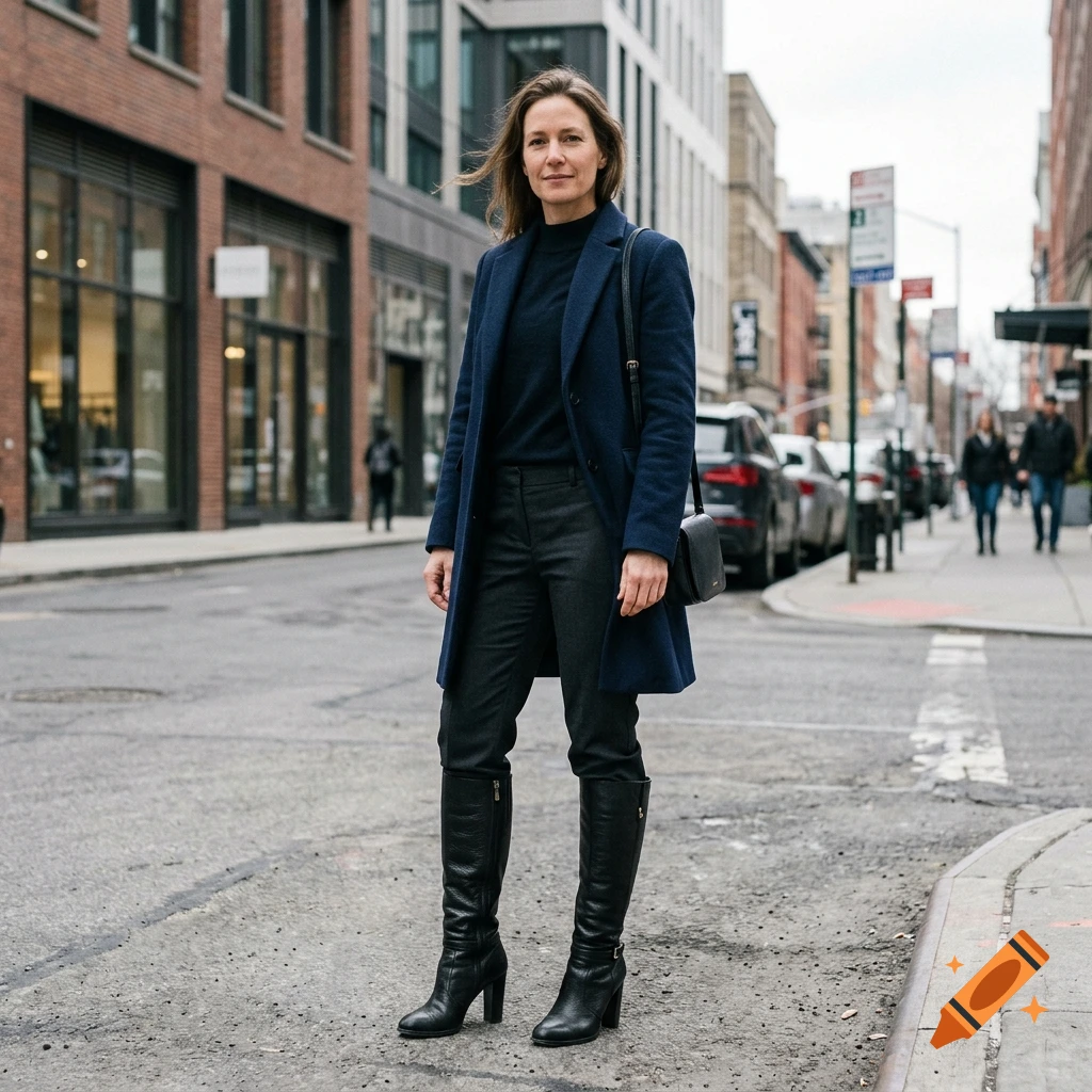A woman stands on a city street, wearing a blue coat, dark top, pants, and tall black boots.