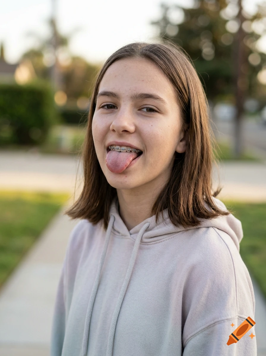 Photorealistic portrait of a teen girl with braces sticking out her tongue, wearing a hoodie outdoors.