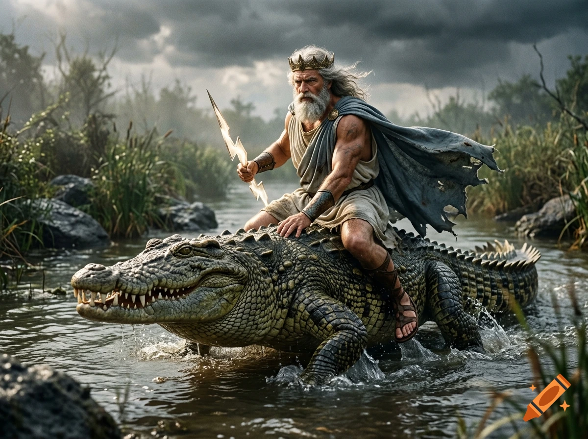 Photorealistic image of Zeus with a crown and lightning bolt riding a large crocodile through a swampy river.