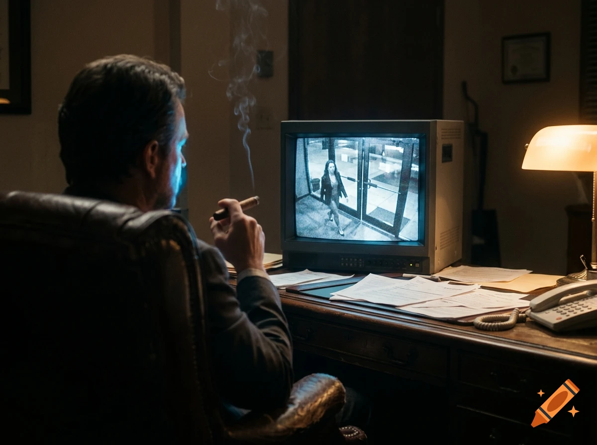 Man smoking a cigar in a dimly lit office while watching security camera footage on a CRT monitor, photorealistic.