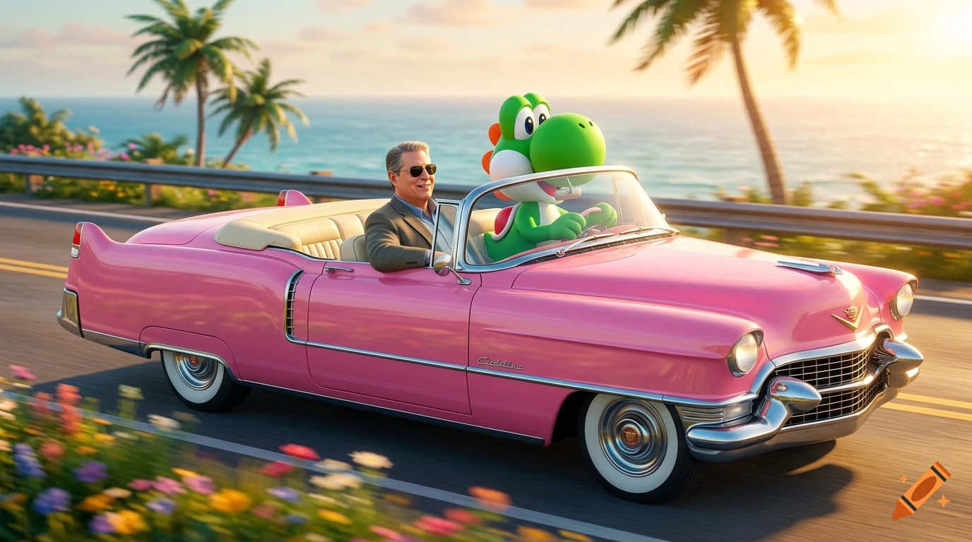 Al Gore and Yoshi driving a pink convertible Cadillac along a coastal highway at sunset, photorealistic.