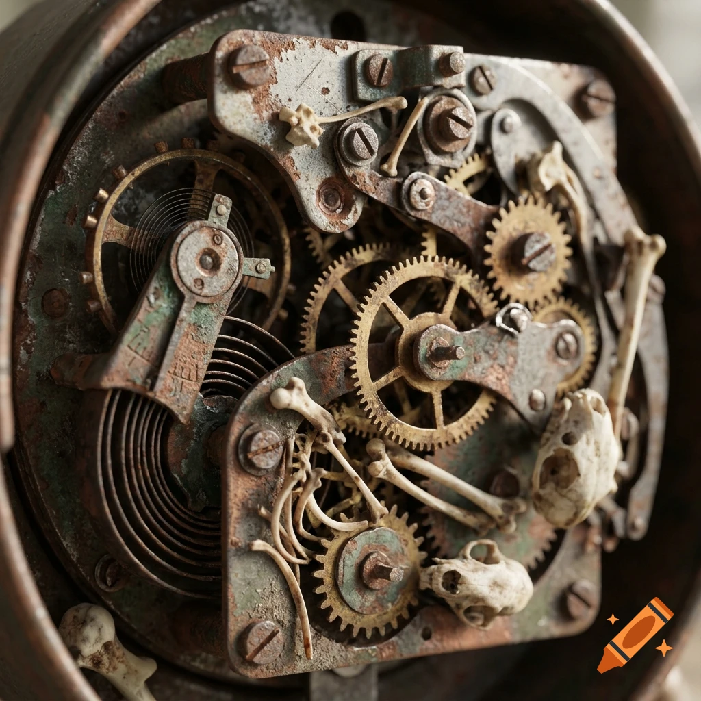 Close-up of a rusty clockwork mechanism intricately decorated with tiny bones and skulls, photorealistic.