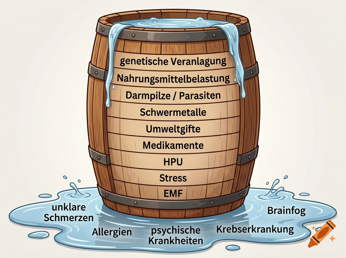 Digital illustration of a wooden barrel with water overflowing into a puddle, labeled with German medical terms.