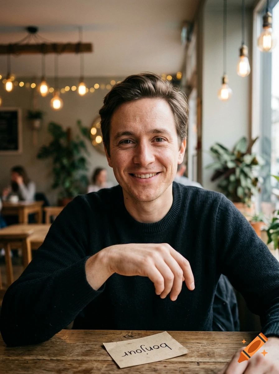 Portrait of a smiling man sitting at a wooden table in a cafe, wearing a dark sweater with a small card bearing the word bonjour in front of him.