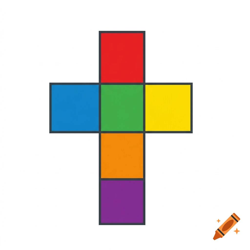 Minimalist diagram of a 3D cube net unfolding with six brightly colored squares in red, blue, green, yellow, orange, and purple.