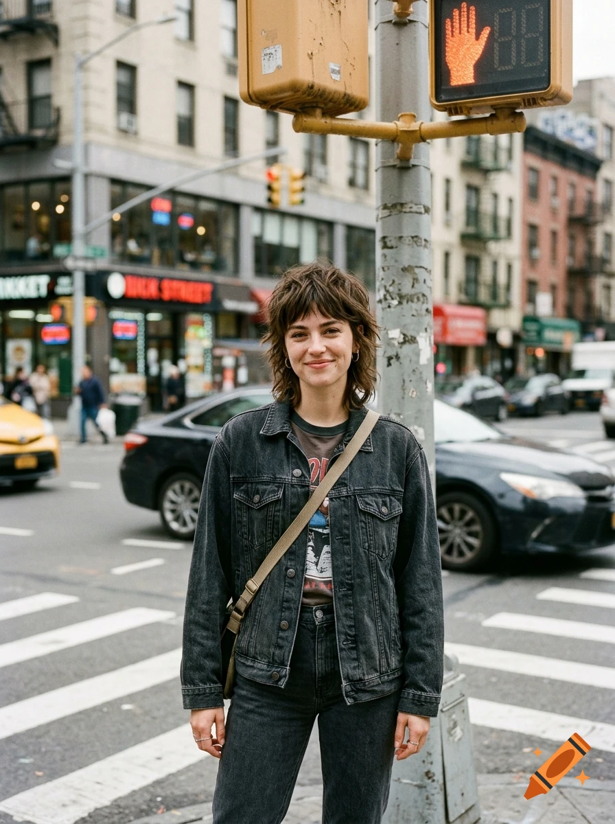 Photorealistic image of a young woman with a mullet smiling standing at a city crosswalk near a traffic light.