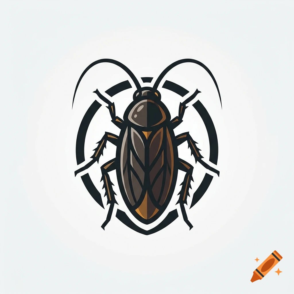 Stylized graphic logo of a cockroach inside a circular frame on a light background.