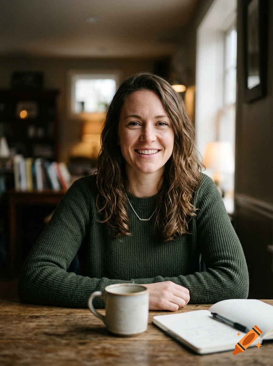 Photorealistic portrait of a smiling woman with brown hair, sitting at a wooden table with a coffee mug and notebook.