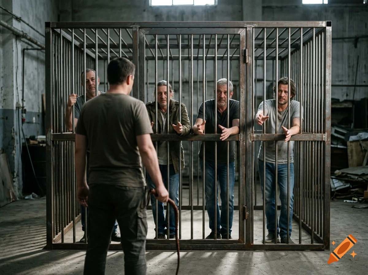 A man holding a whip stands in an industrial warehouse facing four men trapped inside a metal cage, photorealistic.