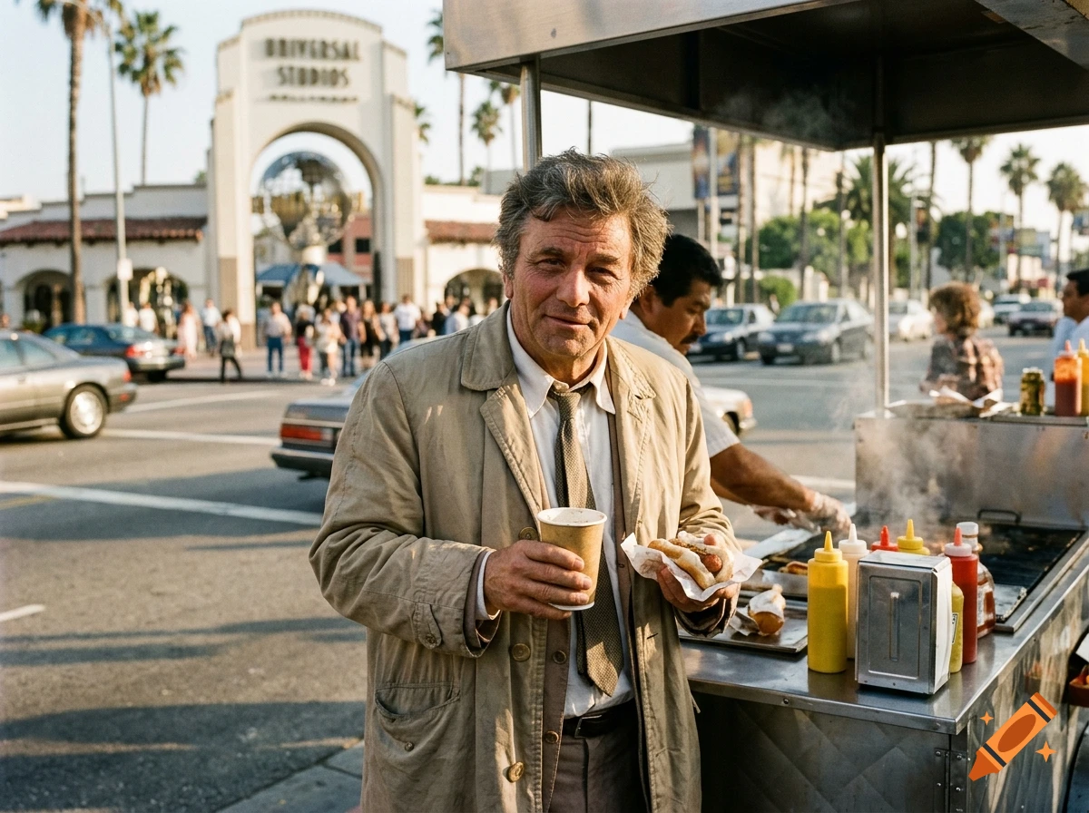 Photorealistic image of Peter Falk as Columbo in a rumpled raincoat eating a hot dog at a street cart in front of Universal Studios.