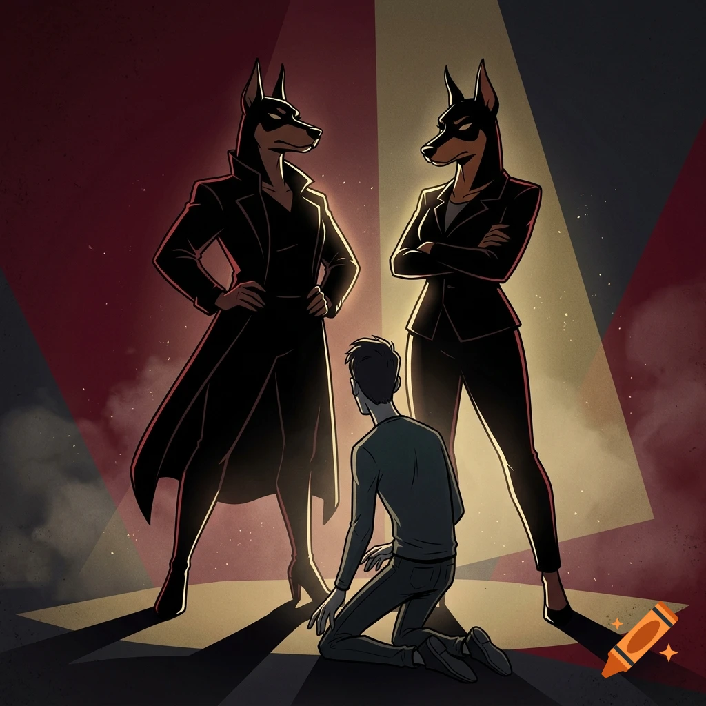 Cartoon illustration of two dominant women with dog heads standing over a kneeling man in a spotlight.