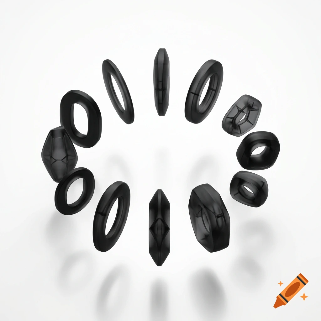 Sequence of black, matte, see-through objects orbiting in a circle over a white background.
