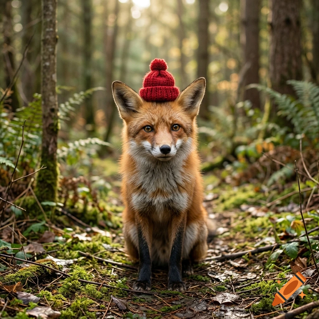 A photorealistic red fox sitting on a forest floor wearing a tiny red knit hat.