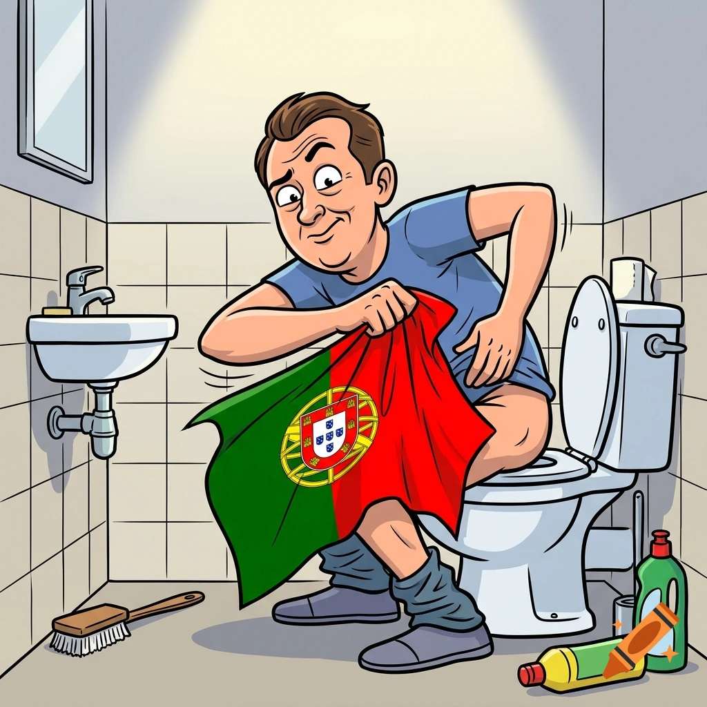 Cartoon illustration of a man sitting on a toilet holding the flag of Portugal in a tiled bathroom.