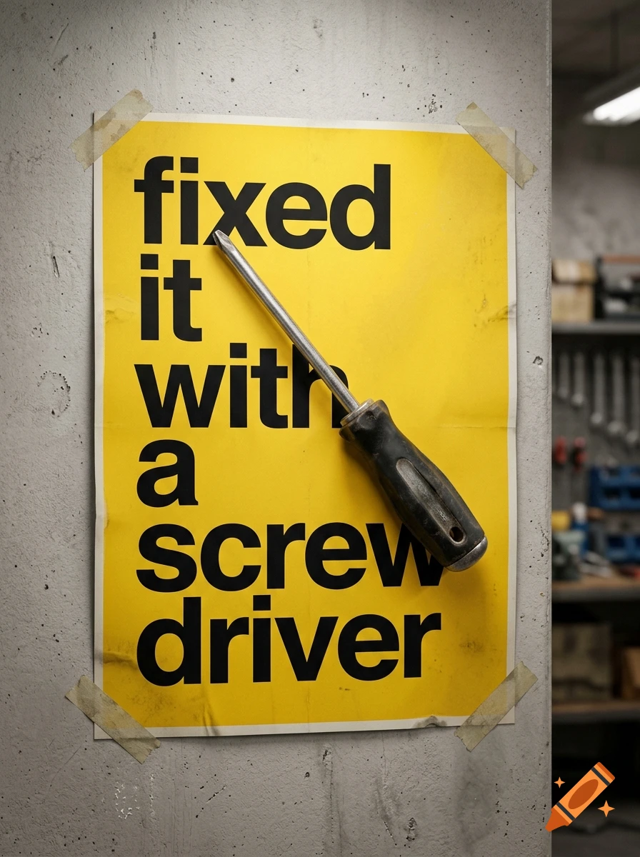 A yellow and black poster taped to a concrete wall reading 'fixed it with a screw driver' with a real screwdriver placed diagonally across it.