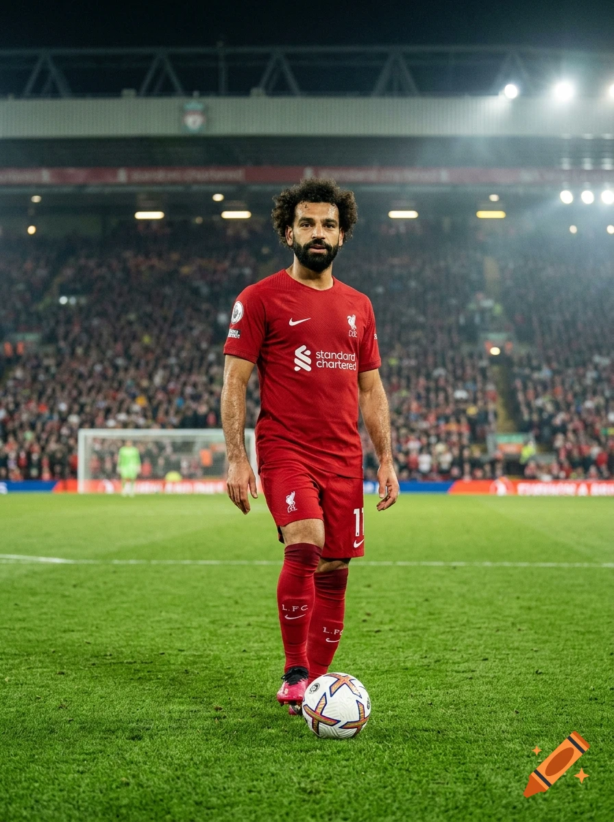 Photorealistic full-body shot of football player Mohamed Salah on a green pitch in a crowded stadium.
