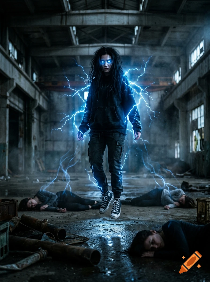 Photorealistic image of a levitating girl with glowing blue eyes and lightning aura, surrounded by fallen people in an abandoned industrial warehouse.
