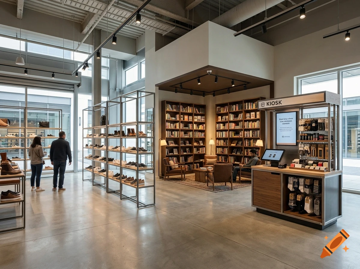 A modern shoe store interior with shelves of shoes, a bookshelf seating area, and a kiosk with digital screens.