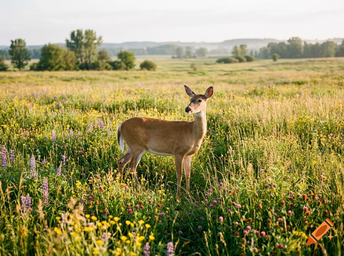 A photorealistic deer standing in a vibrant field of wildflowers and grass.