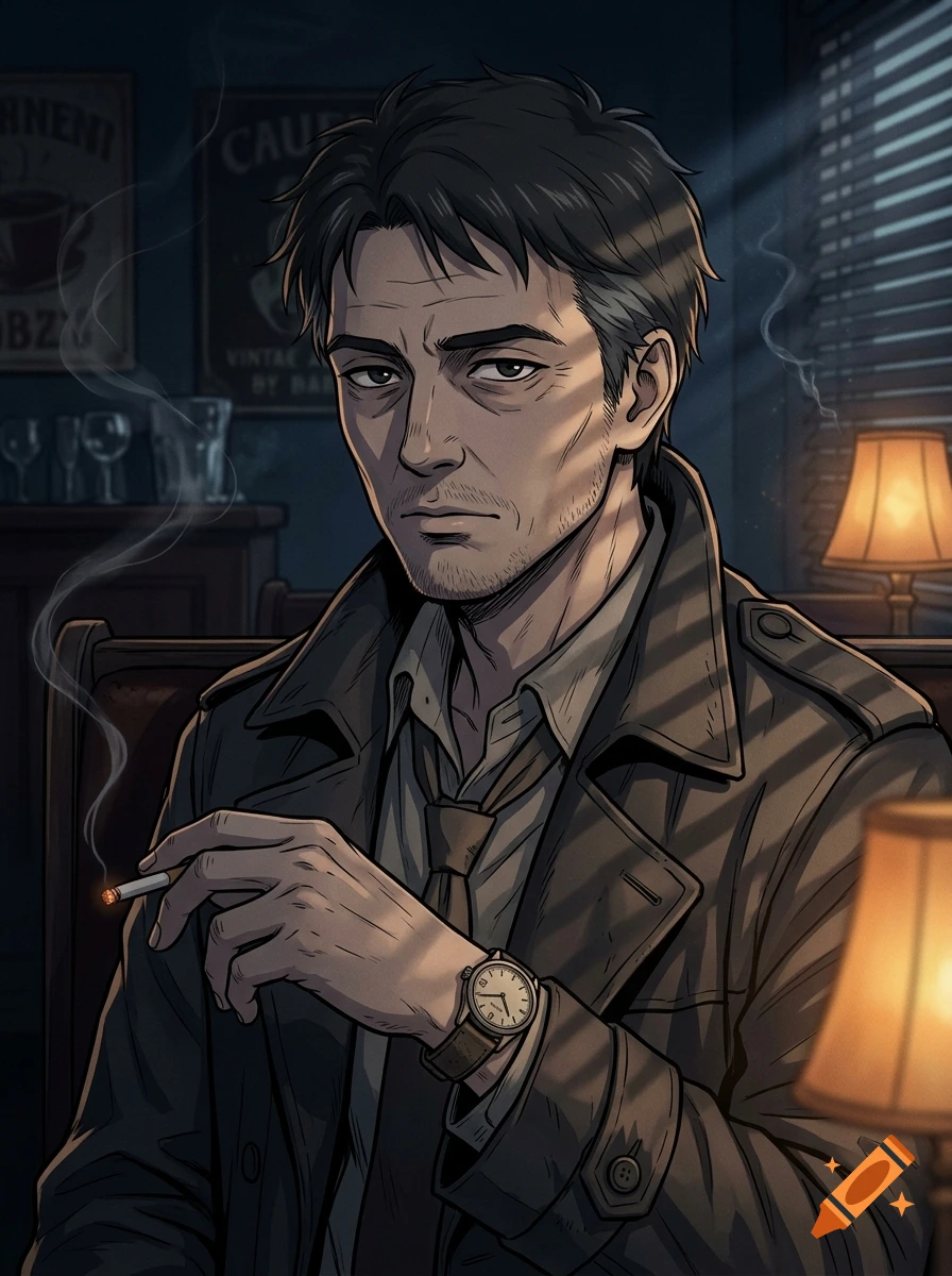 Anime-style noir portrait of a weary middle-aged male detective smoking a cigarette in a dimly lit café.