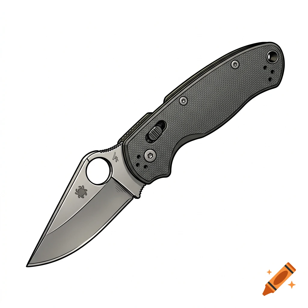 Comic style illustration of a folding pocket knife with a black handle and silver blade isolated on a white background.