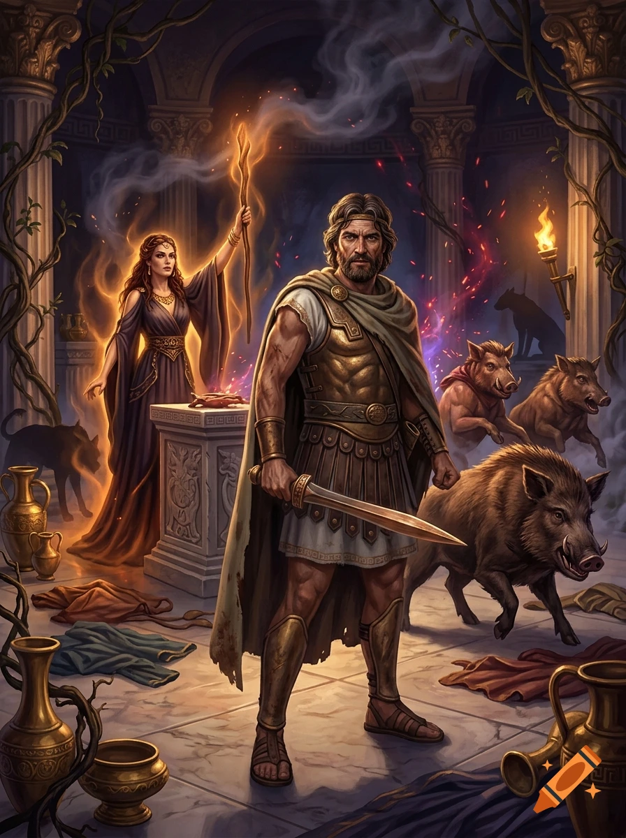 Digital painting of Odysseus with a sword and Circe holding a staff in a temple with transformed men as boars.