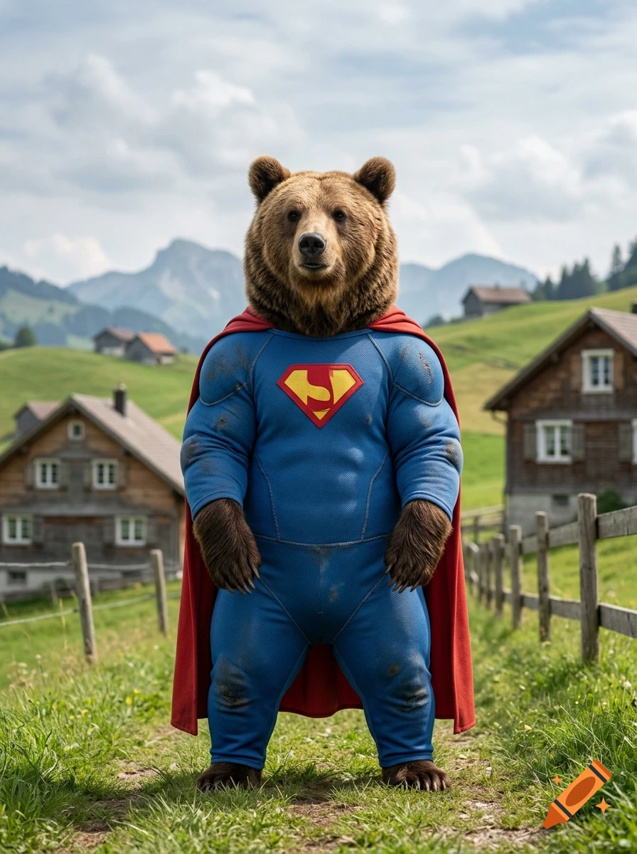 Photorealistic image of a brown bear standing upright wearing a blue superhero suit with a red cape in an alpine village.