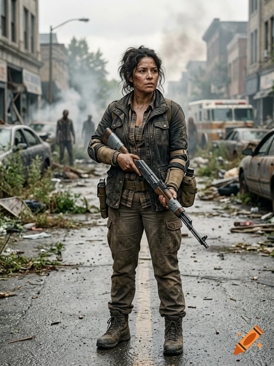 Photorealistic image of a woman holding a shotgun in a destroyed city street during a zombie apocalypse.