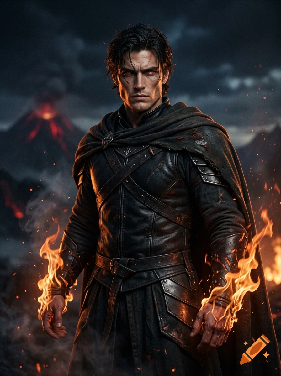Cinematic dark fantasy portrait of a powerful young male warrior with fire burning around his hands, standing before a volcanic landscape.